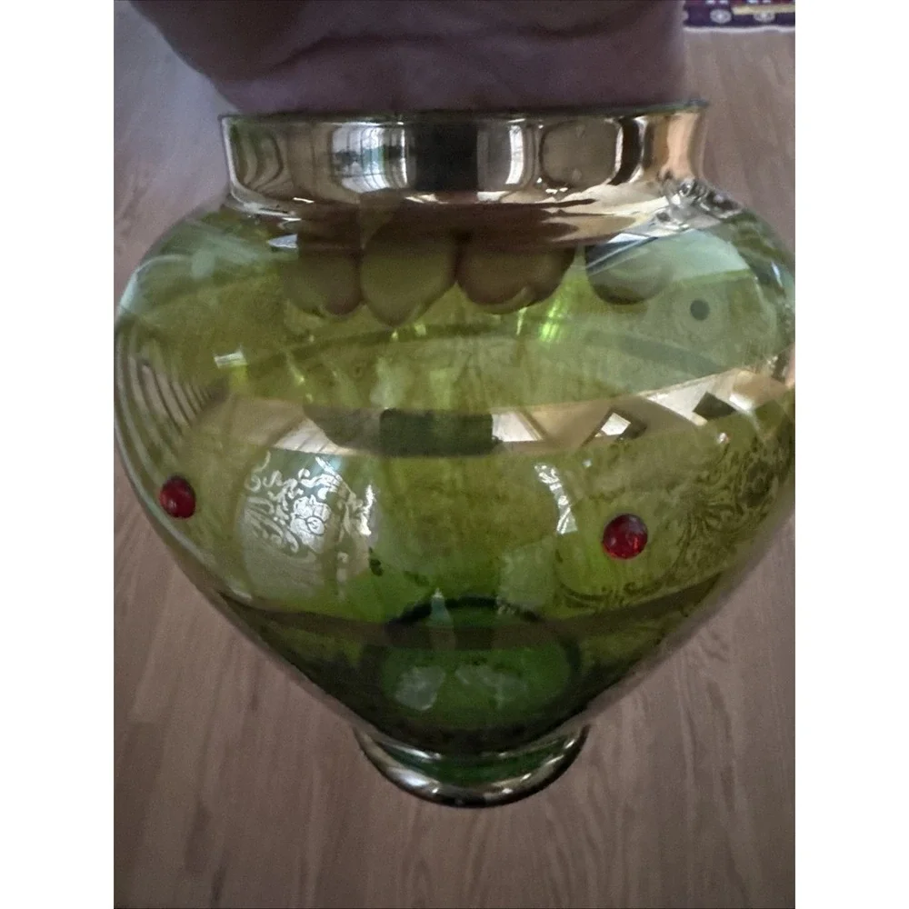 Antique Bohemian Green Glass Vase Gold‎ Gilt & Red Cabochon Jeweled Art Glass 8